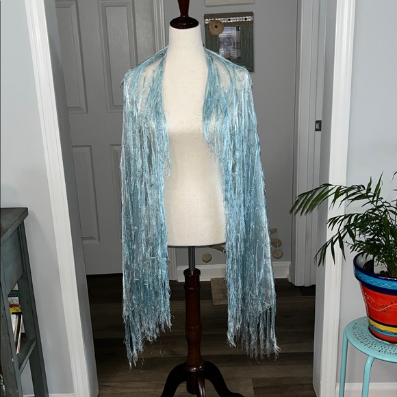 Vintage Fringed Blue Jumbo Wrap Scarf - Picture 3 of 5